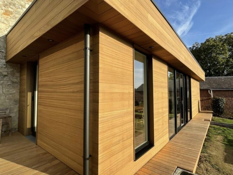 Annexe et terrasse en bois avec chassis noir