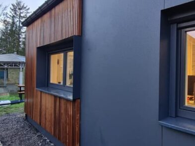 Maison noir avec bardage en bois foncé (point de vue 3)