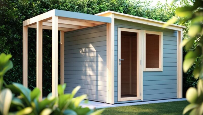 Abris de jardin en bois peint en bleu clair avec une porte vitrée et une pergola en bois