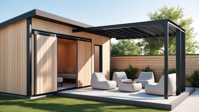Abris de jardin en bois clair avec châssis noirs et pergola en aluminium noir avec salon de jardin annexé.