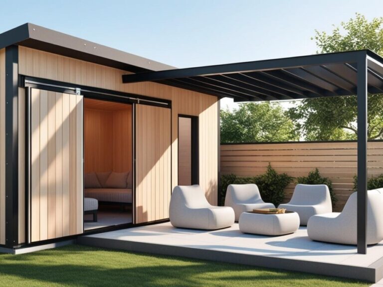 Abris de jardin en bois clair avec châssis noirs et pergola en aluminium noir avec salon de jardin annexé.