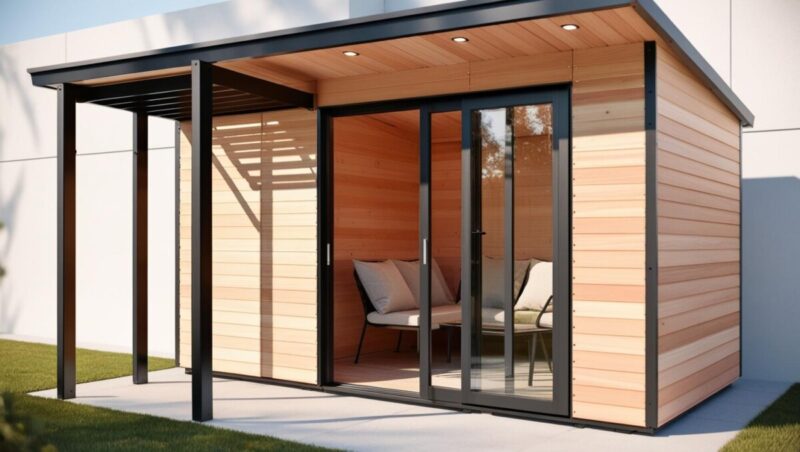 Abris de jardin en bois avec châssis noirs et pergola en aluminium noir