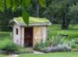 Abri de jardin en bois avec un toit naturel en pelouse, entouré de plantes, dans un parc verdoyant.