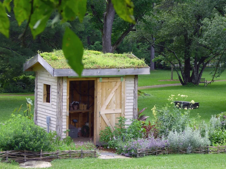 Abri de jardin en bois avec un toit naturel en pelouse, entouré de plantes, dans un parc verdoyant.