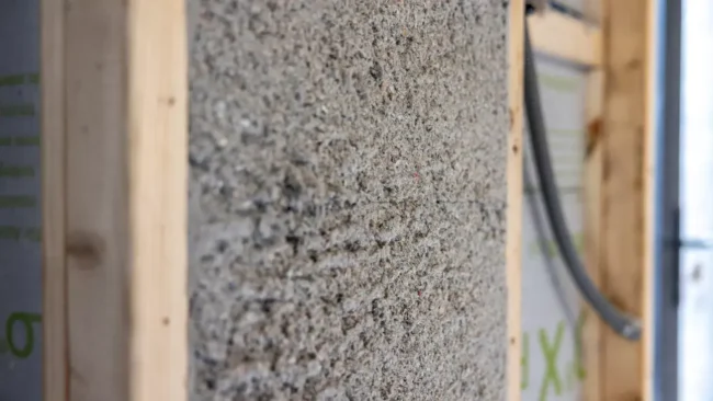 Mur avec structure en bois recouverte d'un isolant en ouate de cellulose